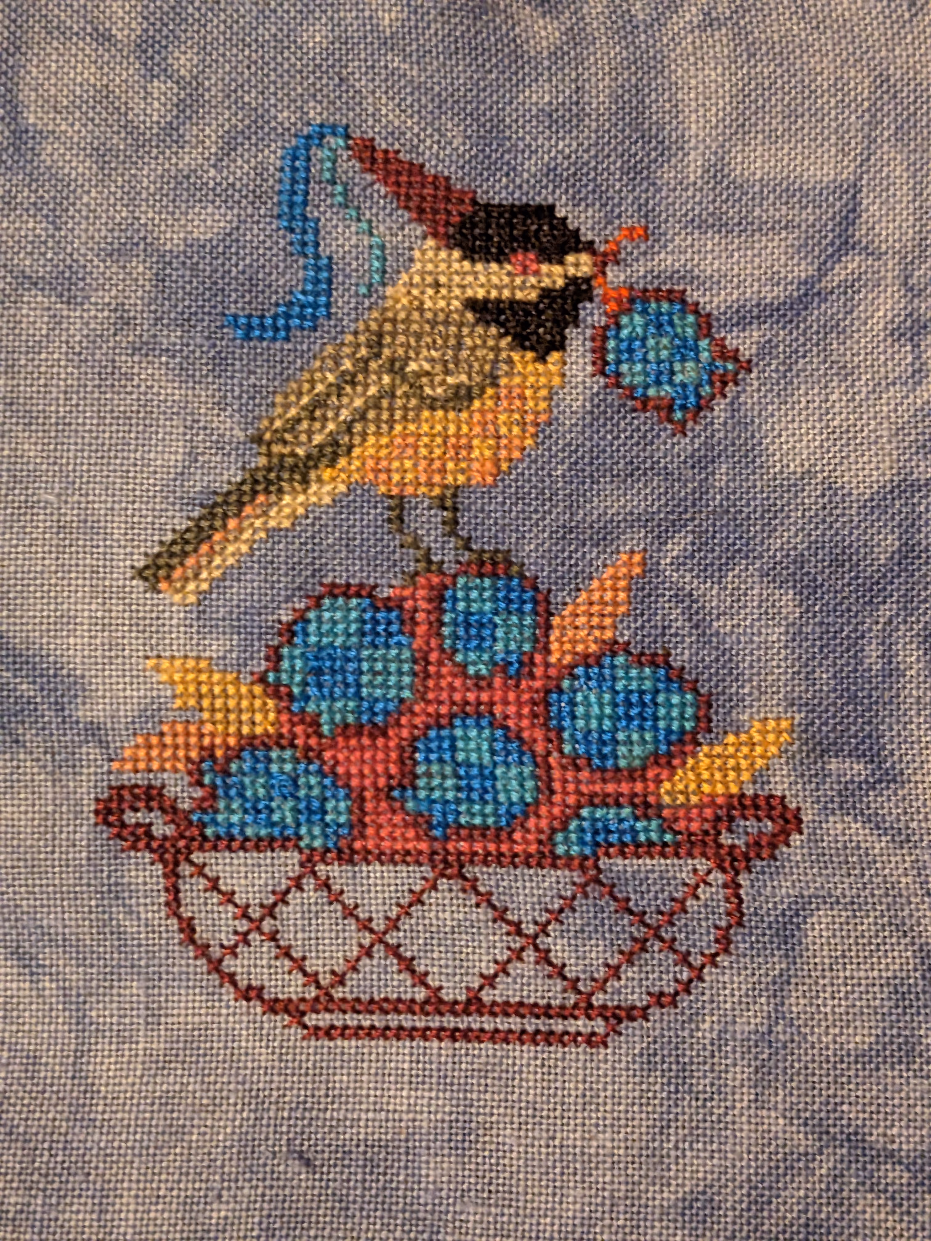 A chickadee holds a blueberry in its mough while sitting a top a basket of blueberries surrounded by branches .