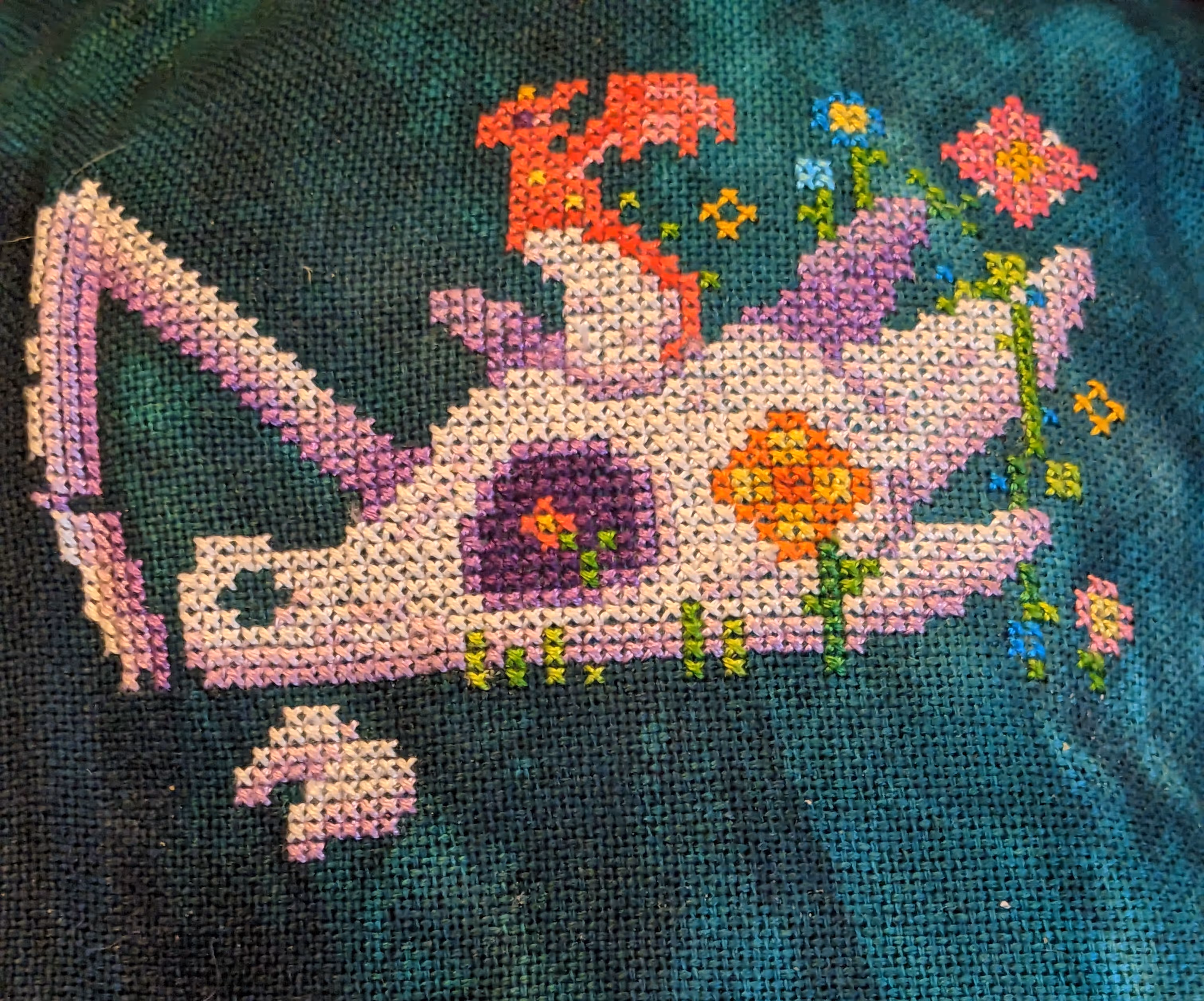 The skeleton of dragon rests in a garden surrounded by swords, arrows, flowers, and little dragons