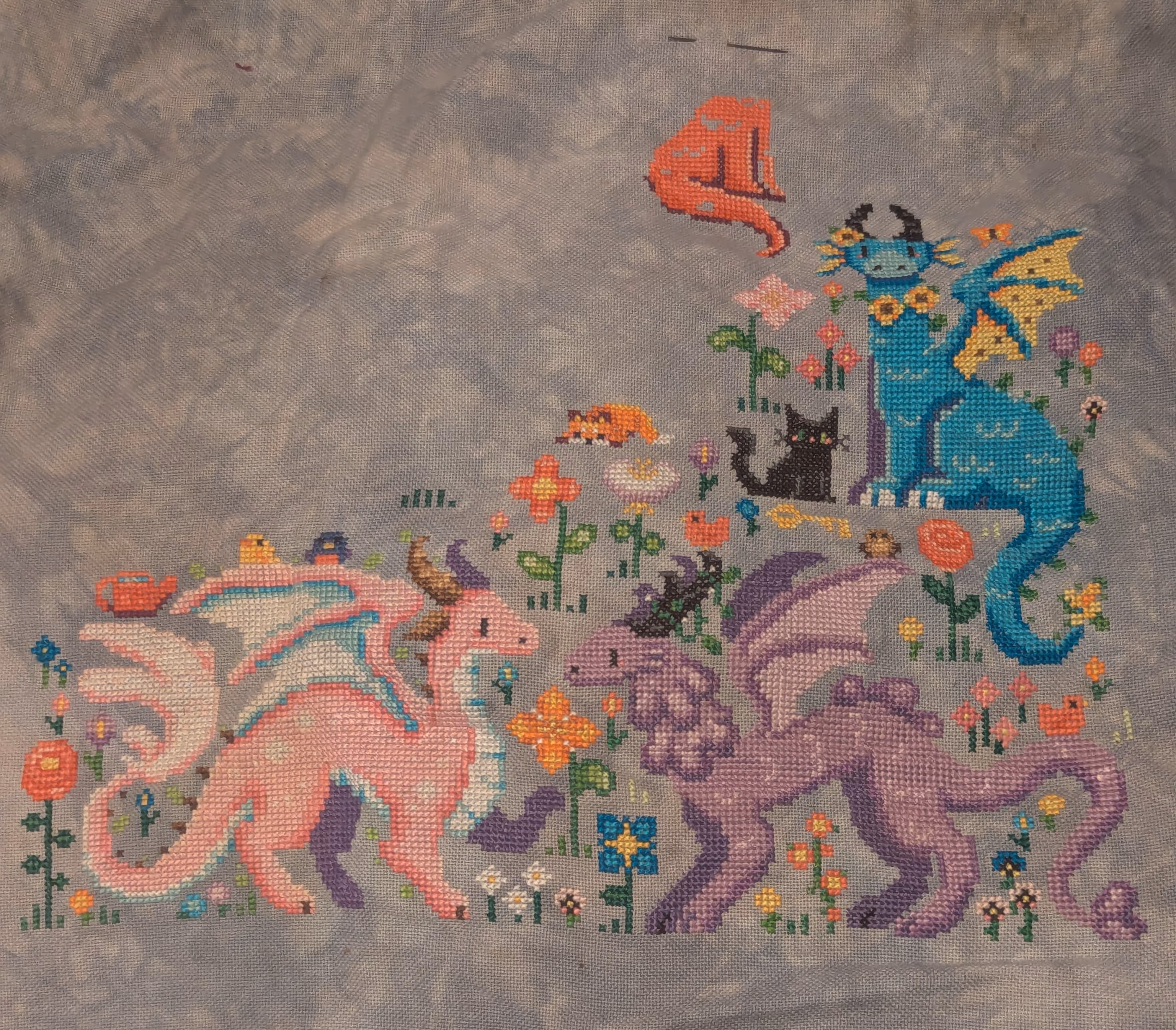 A sakura, wisteria, sunflower, and rose dragon frolic in a meadow with flowers, foxes, and cats 