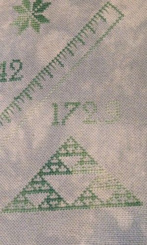 A Quaker sampler with mathematical motifs in variegated green thread